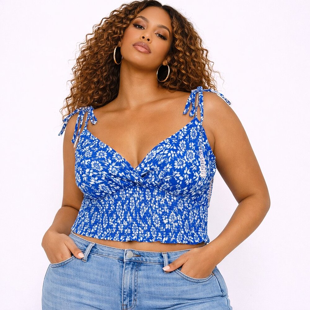 Patrons of Peace Blue Floral Tie Strap Empire Waist Cropped Top Size S